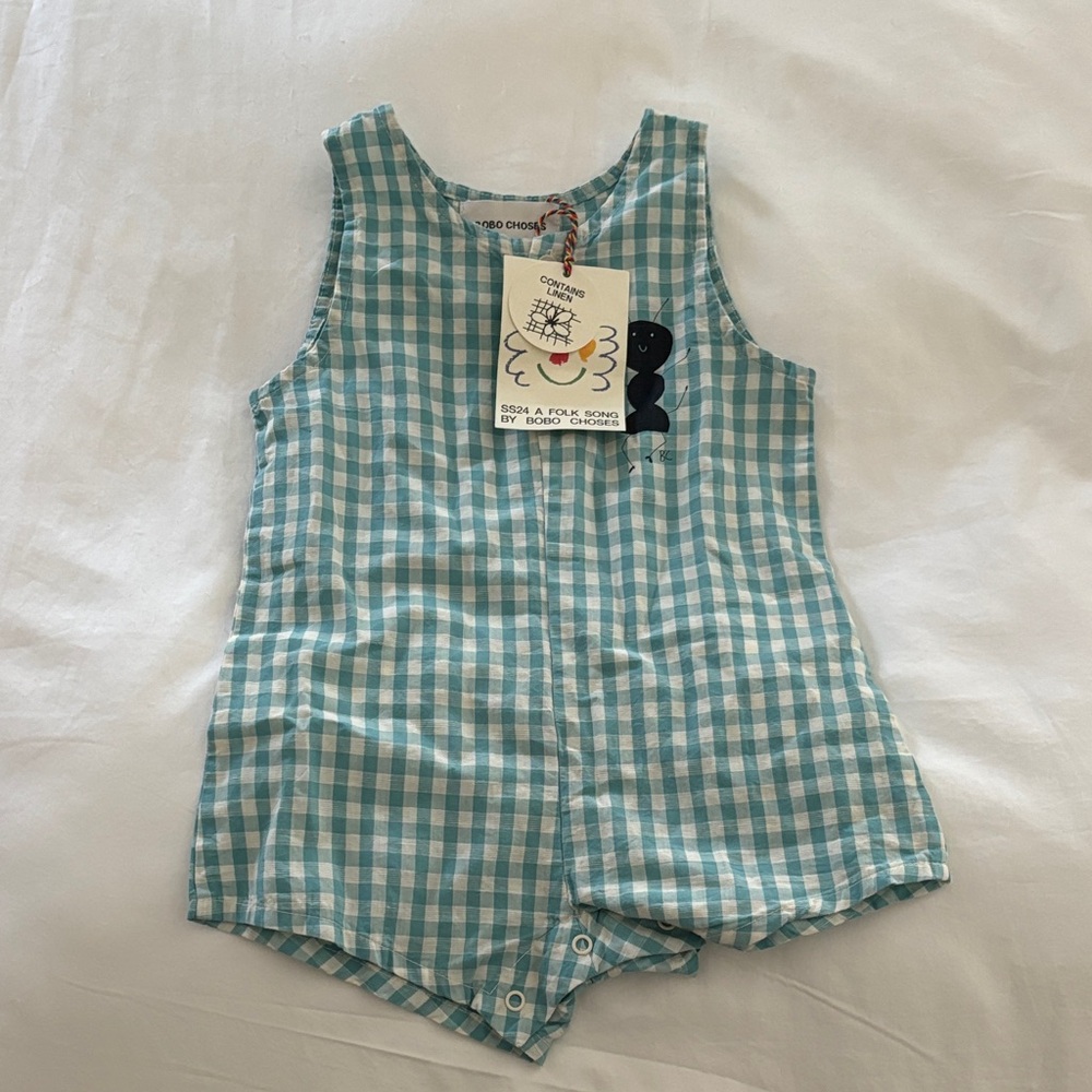 Bobo Choses Teal and White Gingham Baby Romper
